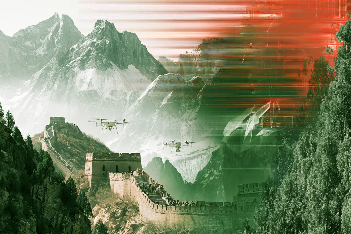 Chinese Muur door een berglandschap met futuristische digitale overlay: drones, een hogesnelheidstrein en datavisualisatie, als beeld bij de AI-studiereis naar China